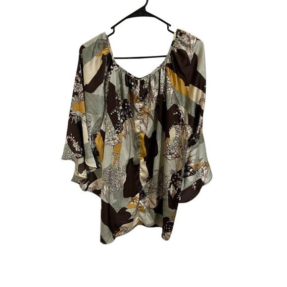 Emery Rose 5XL Blouse Brown/Green/Yellow Floral Design Flare 3/4 Sleeves - Picture 7 of 7